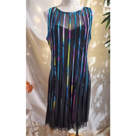 Vtg JS Collections Multi Rainbow Stripe Sheer Overlay 2 Piece Dress Size L Black - Picture 1 of 15